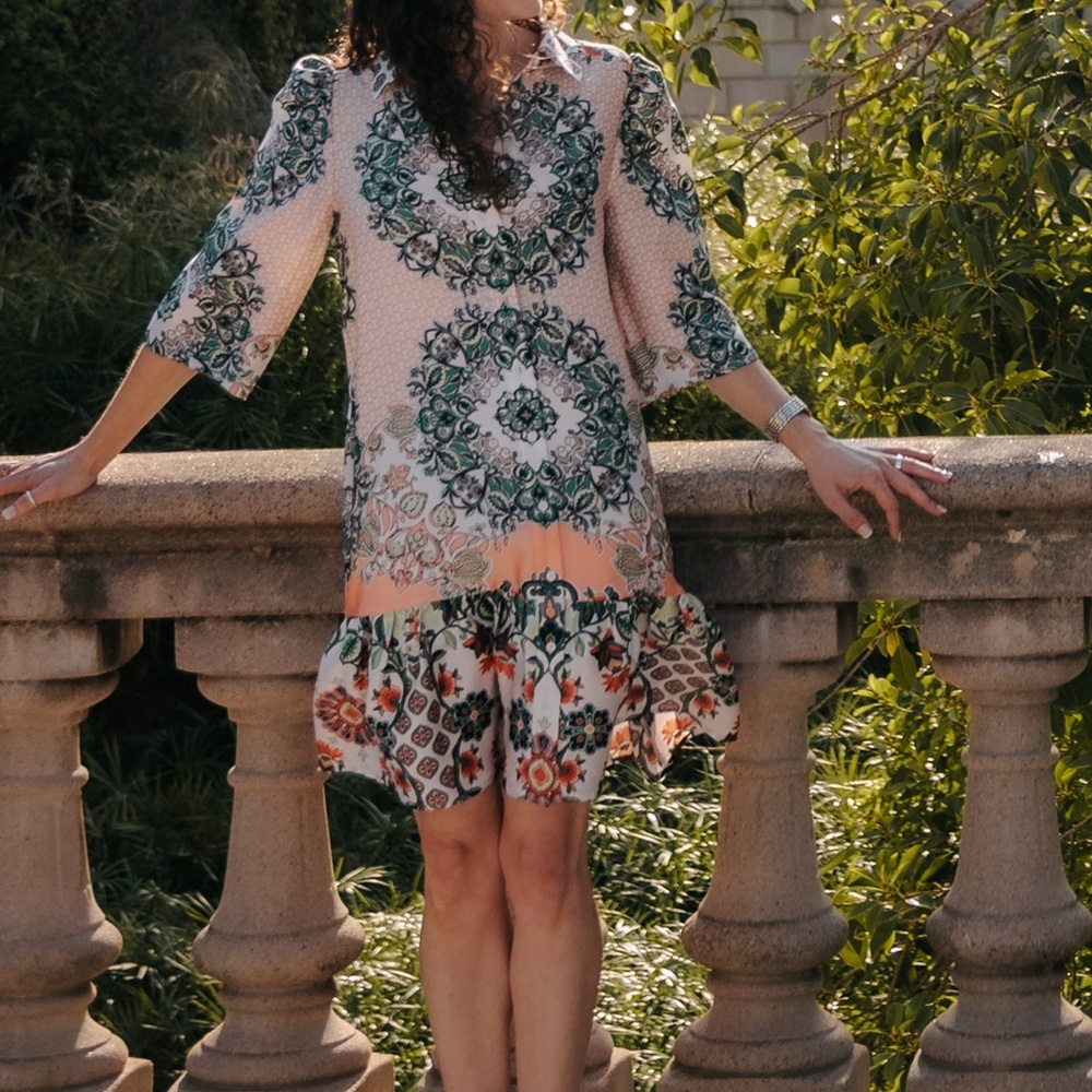 Chic Floral Green and Cream Mini Dress